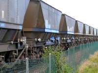Close up of the <I>Blue Riband</I> coal hoppers in use recently. Great idea identifying the Scottish contingent. A mate in Yorkshire has seen many working to Drax.<br><br>[Brian Forbes /08/2007]