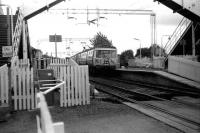 A Helensburgh Central train stands in Cardross station in July 1986.<br><br>[John McIntyre 15/7/1986]