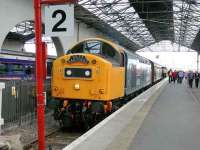 A class 40 has finally reached Inverness station after many years (although this loco passed through the city on the Rose Street Curve earlier in June 2007). 40145 <I>East Lancashire Railway</I> powers off. The 22 September SRPS railtour 9 carriage train with supporting 47787 has arrived in the Highland Capital 25 minutes early.<br><br>[Brian Forbes 22/09/2007]