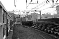 A test train departs Glasgow Central behind 83003 in March 1974 prior to the official introduction of WCML through electric services between Glasgow and London.  <br><br>[John McIntyre /03/1974]