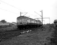 Morning Helensburgh - Bridgeton service slows for the stop at Cardross on 18 September 1972. <br><br>[John McIntyre 18/09/1972]