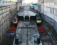 The former <I>sub</I> platforms 8&9 outside the south wall of the main station seen looking east from Waverley Bridge on 14 November, with long distance services boarding at both. These platforms remain terminated at their western ends meantime as a result of the extensive engineering work that has been taking place.    <br><br>[John Furnevel 14/11/2007]