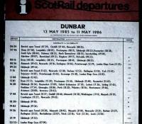 Part of a poster on display at Drem station in July 1985 showing departures from Dunbar - including an 0746 <I>Crossrail</I> service!<br><br>[David Panton /07/1985]