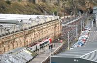 Following completion of engineering work at Waverley the old <I>sub</I> platforms have now had their former <I>through</I> status restored. View from North Bridge on 3 December 2007 showing an empty Voyager running from what is now platform 9 towards the Calton Tunnel. <br><br>[John Furnevel 03/12/2007]