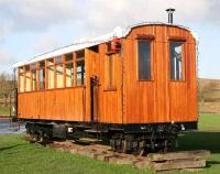 One of the coaches for use on the proposed <I>Green Dragon</I> railway displayed at Leaplish Waterside Park on Kielder Water in November 2007. Two narrow gauge, wood-burning, locomotives have been acquired to haul the trains, one of which, <I>The Green Dragon</I>, has given its name to the proposed line. [See image 17590] <br><br>[John Furnevel 06/11/2007]