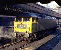 Class 47 1580 at Aberdeen in September 1973. The locomotive, having worked into platform 6 with a train from the south, is being released through platform 7.<br><br>[John McIntyre /09/1973]