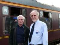 Dr Fred Landery, SRPS Train Manager, with Ian Gilbert, a seasoned life member, talking along the right lines on the return leg of the autumn railtour to Inverness during a scheduled stop at Elgin. Scottish Railway Preservation Sociery (SRPS)<br><br>[Brian Forbes 22/09/2007]