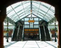 The imposing main entrance to Tynemouth station in July 2004 showing the distinctive <I>double footbridge</I>. The station is now part of the Tyne and Wear Metro system.<br><br>[John Furnevel 10/07/2004]
