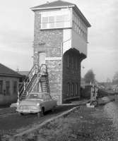The signal box at Hardengreen Junction, looking north along the Waverley line towards Eskbank in December 1968. To the left is the trackbed of the Peebles loop. A locomotive shed was also located here (sub of 64A St Margarets), primarily to accomodate banking locomotives providing assistance on the climb south to Falahill. Eskbank station is on the other side of the bridge in the background. [See image 45679]   <br><br>[Robin Barbour Collection (Courtesy Bruce McCartney) 22/12/1968]