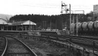 Looking south towards Aviemore station in 1977 with<br>
some cement wagons standing in the sidings. At this time the<br>
development of the land to the west of the station<br>
platforms had yet to take place.<br><br>[John McIntyre //1977]