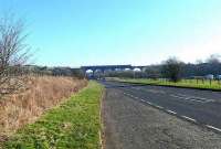 A twin 158 formation crosses Markinch Viaduct on 12 February 2008. View looks east along the A911 road.<br><br>[Brian Forbes 12/02/2008]