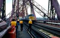 Members of Aberdeen University Railway Society grabbing a <I>photo-opp</I> during a visit to the Forth Bridge in 1980. <br><br>[John Williamson //1980]