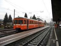 Wynental-und Suhrentalbahn (WSB) unit, (now marketed as AAR),stands at Schöftland in NE Switzerland on a wet 21st November 2007.<br><br>[Michael Gibb 21/11/2007]