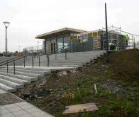 Progress on the Alloa station building on 14 February 2008. View northwest over the steps from the superstore car park.<br><br>[John Furnevel 14/02/2008]