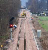 View from the road bridge at Alloa West back towards Cambus level crossing on 14 February 2008, with testing being carried out on the signals controlling the loop.<br><br>[John Furnevel 14/02/2008]