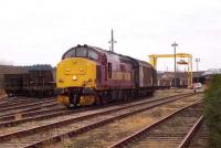 Scene in the yard at Elgin East on 18 February 2008 as EWS 37422 prepares to take out a train of seed potato traffic destined for Ely, Cambridgeshire.  <br><br>[Mick Golightly 18/02/2008]