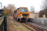 A track machine stabled in the remaining siding alongside Driffield station on the Hull - Scarborough line on 13 January.<br><br>[Peter Todd 13/01/2008]