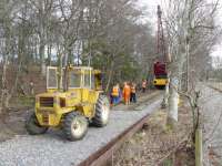 Volunteers of the Royal Deeside Railway making good progress re-instating the track between Milton of Crathes and Banchory on 23 February. Thanks to the recovery of track from Aberdeen Guild Street, there is almost enough track to reach their ultimate destination.<br><br>[John Williamson 23/02/2008]