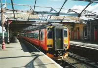 156 502 waits at Kilmarnock on 1 June 1997 with the 1535 service to Glasgow Central.<br><br>[David Panton 01/06/1997]