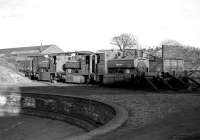 Three ex-Aberdeen Gasworks withdrawn steam locomotives stand alongside the turntable at Ferryhill shed in 1975.<br><br>[John McIntyre //1975]