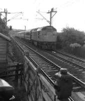 The SRPS special 'The West Highland Express' from Falkirk to Mallaig on 04 August 1973 at Geilston level crossing west of Cardross. The coach next to the engine is the preserved CR brake composite.<br><br>[John McIntyre 04/08/1973]