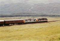 37409 <I> Loch Awe</I> and 37251 <I>Northern Lights</I> follow the West Highland Centenary steam special with the support coaches near Bridge of Orchy on the 7th August 1994.<br><br>[John Gray 07/08/1994]