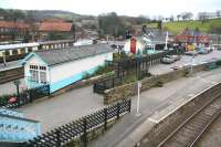 Looking southwest from the footbridge over Grosmont station towards the village in April 2008. On the left are the NYMR platforms with the level crossing in the centre background and the line to Pickering entering the north portal of Grosmont tunnel beyond. At the bottom right of the picture stands the Whitby - Middlesbrough platform with the line turning off to the west towards Battersby. <br><br>[John Furnevel 03/04/2008]