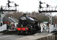 View north over Grosmont level crossing on 3 April 2008 as B1 61264 runs in from the shed to back onto a NYMR train for Pickering.<br><br>[John Furnevel 03/04/2008]