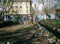 Remains of the Glasgow Central Railway at Kirklee Station site.  Looking north in April 2008 to where the railway bridge crossed Ford Road. Please excuse the litter.<br><br>[Alistair MacKenzie 24/04/2008]