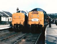 The first 2 locomotives obtained by the Deltic Preservation Society, 55009 <I>Alycidon</I> and 55019 <I>Royal Highland Fusilier</I>, make their preservation debuts at Grosmont on 21 August 1982.    <br><br>[Colin Alexander 21/08/1982]