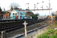 One or two signals at the southern approach to Scarborough station. Londesborough Road station (now closed) the excursion station and the Whitby route (tunnel mouth to left of signalbox) were off to the left.<br><br>[Ewan Crawford //]