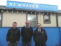 Newhaven station on 27 April 2012. See here either side of Richard Arnot are Patrick Hutton and Lawrence Marshall of the Capital Rail Action Group. [See adjacent news item]<br><br>[John Yellowlees 27/04/2012]