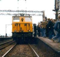 76025 stands at Penistone for a special photostop with the <I>Easter Tommy</I> railtour on 21 April 1981. This was the last class 76 hauled passenger train through Woodhead Tunnel. Sadly, the line was closed altogether three months later.  <br><br>[Colin Alexander 21/04/1981]
