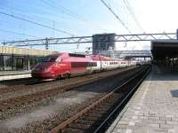 Amsterdam Central - Paris Nord <I>Thalys</I> service speeds through the centre road at Leiden, between Amsterdam and Den Haag on 21 May.<br><br>[Michael Gibb 21/05/2008]