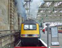 Away we go.... HST power car 43166 producing lots of clag at the rear of the 0900 Cross Country service to Penzance as it sets off from Glasgow central<br><br>[Graham Morgan 05/06/2008]