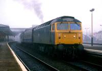 Morning fog shrouds Stirling station in late September 1985. Departing southbound is an Inverness-Glasgow Queen Street service.<br><br>[Mark Dufton 29/9/1985]