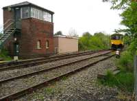 The signal box at Horrocksford Junction on 17 May 2008 with 150143 crossing over before running back to Clitheroe station where it will form the next service to Manchester Victoria.<br><br>[John McIntyre 17/05/2008]