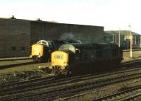 37242 ambles past 55012 <I>Crepello</I> in the yards at Gateshead shed on 7 March 1981. The Deltic had gone for scrap within 6 months.<br><br>[Colin Alexander 07/03/1981]