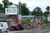 Cupar signal box looks over improvements to the station car park at the north end.<br><br>[Brian Forbes 23/06/2008]