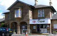 Main entrance to Cupar station on 23rd June. Temporary fencing protecting work site.<br><br>[Brian Forbes 23/06/2008]