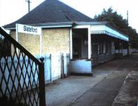 The disused buiding on the eastbound platform at Slateford in October 1985.<br><br>[David Panton 01/10/1985]