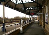 The <I>step-up</I> platform arrangement in place at the 1845 Malton station looking west towards York on 2 April 2008. Note the relocated ex-Whitby station canopy that now stands in place of the original overall roof here.  <br><br>[John Furnevel /04/2008]