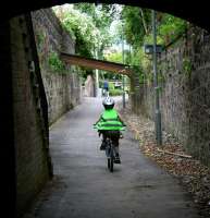 A provisional member of the <i>Hells Angels Alloa Junior Chapter</i> speeds north through the Drysdale Street/Mar Street <I>underpass</I> along the former route of the Alloa Wagonway on 2 July 2008. View north towards the Station Hotel.  <br><br>[John Furnevel 02/07/2008]