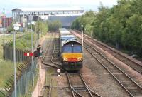 DRS 66419 about to cross over at Fouldubs Junction on 2 July pending departure with the 4A13 Grangemouth - Aberdeen Intermodal <br><br>[John Furnevel 02/07/2008]