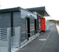 The modern design of the station building at Alloa. View west from the buffer stops on 1 July 2008.<br><br>[Veronica Inglis 01/07/2008]