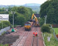 Sunday evening engineering activity east of Bathgate station on 13 July 2008. On the left is the aborted STVA siding.<br><br>[James Young 13/07/2008]