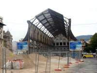 View of the train shed of the abandoned Gare du Sud in Nice in April 2007.  The station served the Chemin de fer de la Provence (CFP) until 1991.  After the failure of one redevelopment project it is currently planned to turn the remains of the station into a media library and sports complex, using the overall roof to mount some 2000 solar panels.  The CFP currently occupies an uninspiring much smaller modern station (Nice CP) behind the photographer but still operates the route to Digne.<br>
<br><br>[Mark Poustie 13/04/2007]