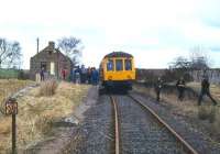 The BLS Waterloo and Buchan Railtour pauses for a photostop at Strichen in April 1979 with railcar 55007 on the return leg to Aberdeen. <br><br>[Ian Dinmore /04/1979]