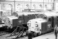 Class 37s at the buffer stops at Liverpool Street station in July 1980.<br><br>[John Furnevel 08/07/1980]