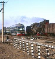 Freight and passenger services pass near Da-an Bei, Inner Mongolia, in April 2000.<br><br>[Peter Todd /04/2000]